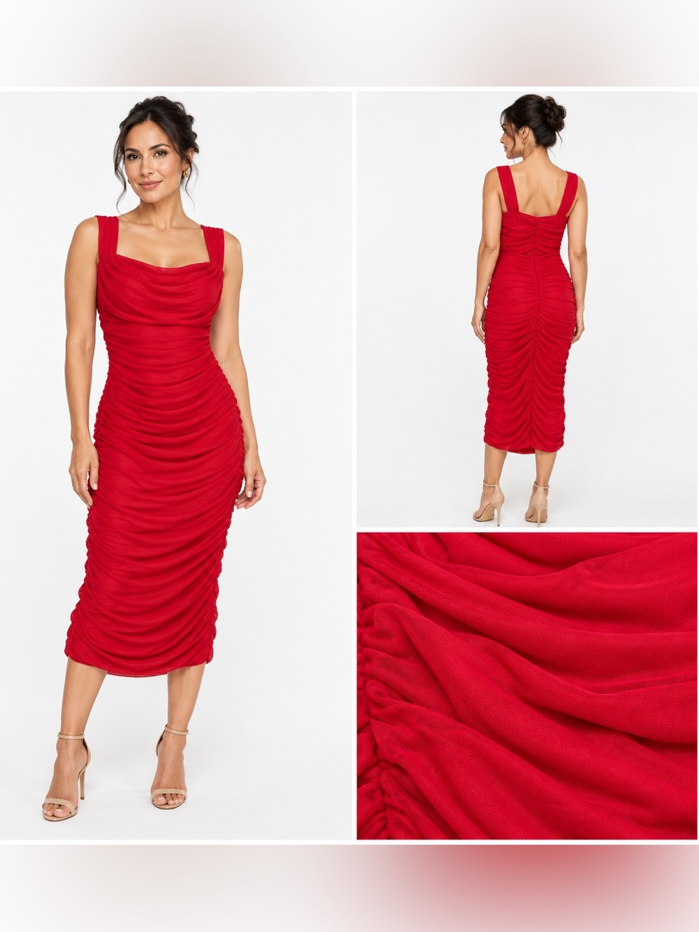 PrettyGarden Ruched Midi Dress in Red Size Small NWT